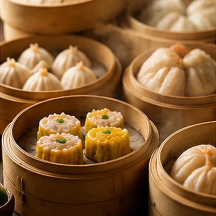 Dim sum assortment in bamboo steamers